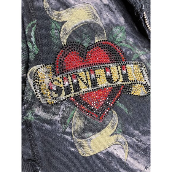 Y2K Sinful Affliction Womens Medium Zip Up Hoodie Black Tie Dye Rose Tattoo Hear - Picture 6 of 13